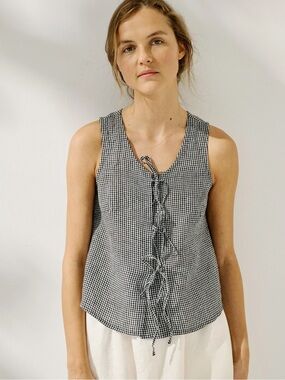 notPERFECTLINEN NPL Lightweight linen black white Gingham top blouse size M